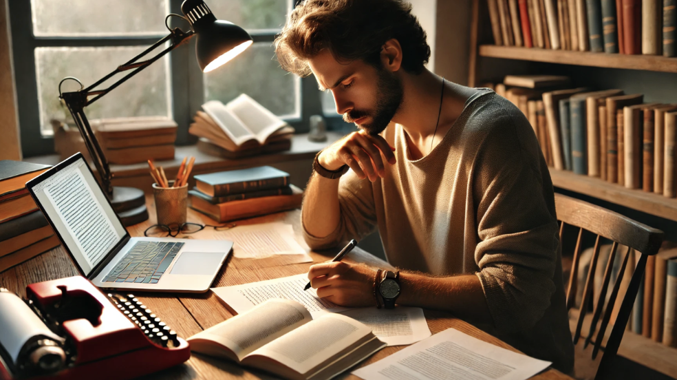 An author sitting at a desk, reviewing and editing their manuscript with printed pages, handwritten notes, and a laptop. The warm, creative workspace includes a cup of coffee, books, and a soft desk lamp.