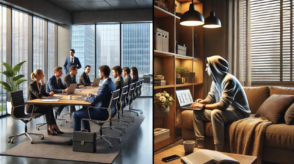 A split-screen image showing a contrast between publishing environments. On the left, professionals in suits have a meeting in a modern traditional publishing house office. On the right, a person in casual clothes, like a hoodie, works comfortably publishing his book from home on a laptop with a cozy atmosphere, and warm lighting.