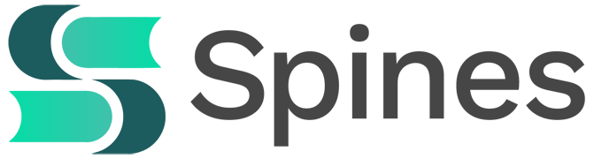 The Spines logo featuring a stylized 'S' made of two overlapping book-like shapes in shades of green, followed by the word 'Spines' in a modern, clean font. Small decorative lines accent the edges, adding a dynamic touch.