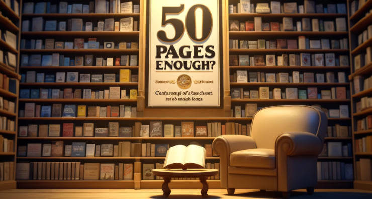 A cozy library scene with towering shelves filled with books, featuring a large framed poster in the center that reads '50 Pages Enough?' in bold text. Below the poster, a comfortable armchair and a small table with an open book create a warm and inviting atmosphere