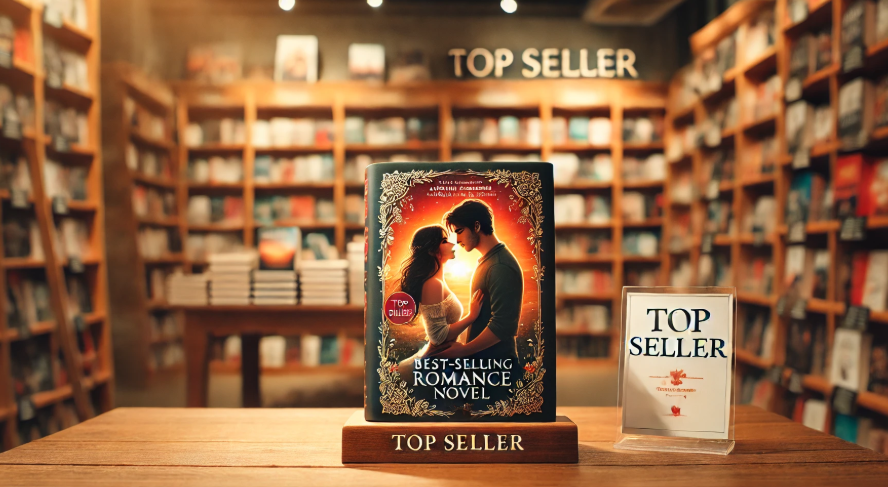 A best-selling romance novel is prominently displayed in a cozy bookstore. The book cover features an elegant illustration of a couple embracing under a sunset, with stylish typography. Warm lighting enhances the ambiance, casting a soft glow over the wooden bookshelves filled with books in the background. A small sign next to the book indicates it is a "Top Seller," making it a focal point in the inviting setting.