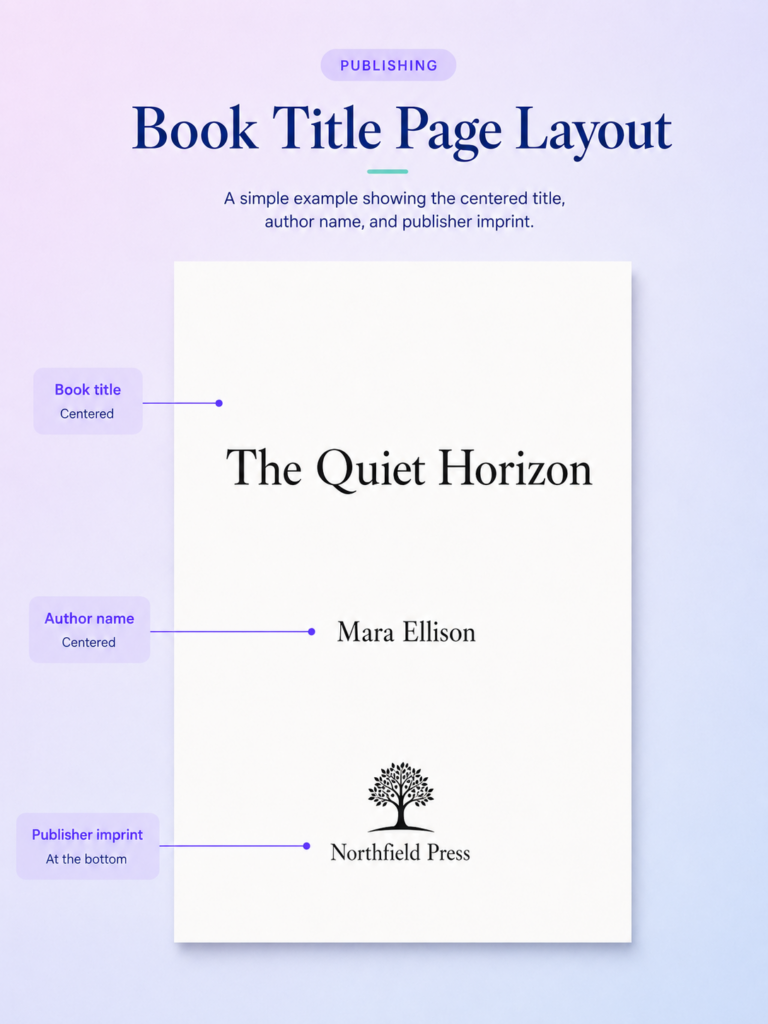 Labeled graphic of a book title page (title, author, imprint). alt: "Book title page example showing centered title, author name, and publisher imprint