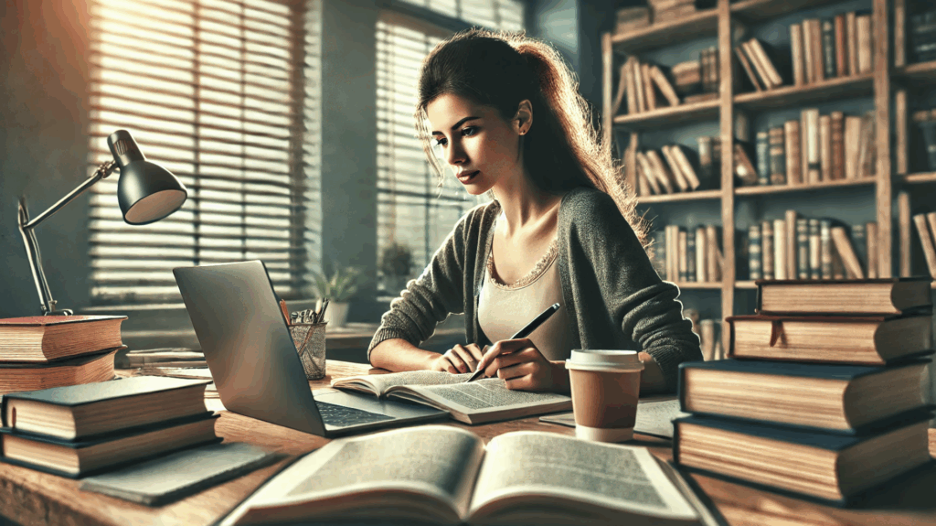 A young woman sitting at her desk. She is doing research for her synopsis. She has books surrounding her in a dimly lit room. 