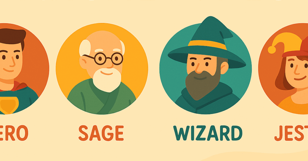 character archetypes of a sage and a wizard are shown on a flat lay style layout. 