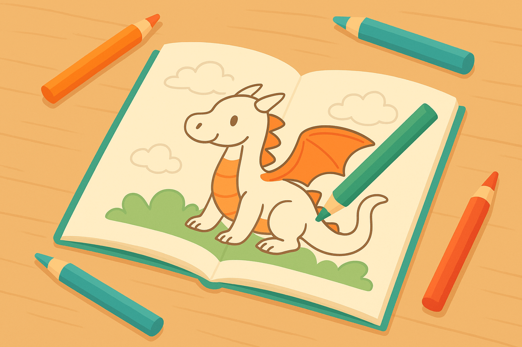 a coloring book open on a desk. on the desk are some pencils used to color in a dragon. 
