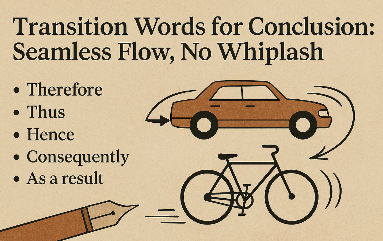 Horizontal blog banner with a parchment-textured background. The title reads “Transition Words for Conclusion: Seamless Flow, No Whiplash” in bold serif font. On the left, a bullet list shows: “Therefore, Thus, Hence, Consequently, As a result.” On the right, a simple illustration of a car with smooth arrows contrasts with a bicycle with wobbly lines, symbolizing smooth versus bumpy flow. A fountain pen nib appears in the bottom left corner.