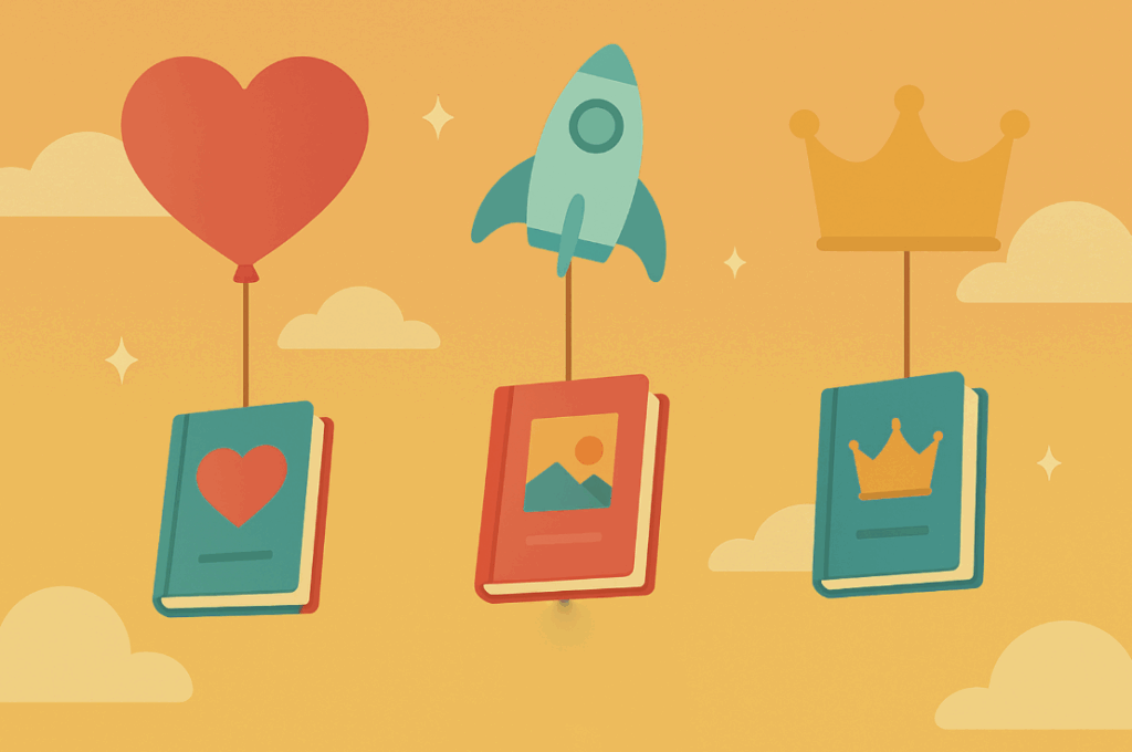 A stylized image of 3 books being held up by balloons. 