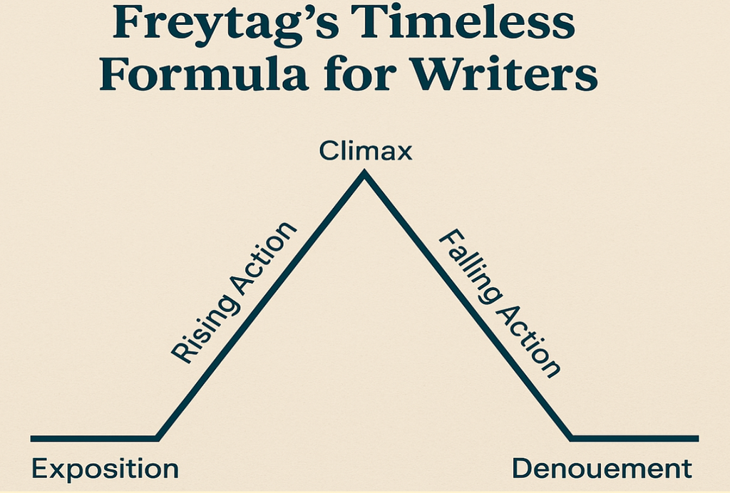 Infographic of Freytag’s Plot Pyramid titled “Freytag’s Timeless Formula for Writers.” The diagram shows a triangular shape labeled with five key stages of story structure: Exposition at the base, Rising Action leading up the slope, Climax at the peak, Falling Action descending, and Denouement at the end. The background is beige with bold navy text.