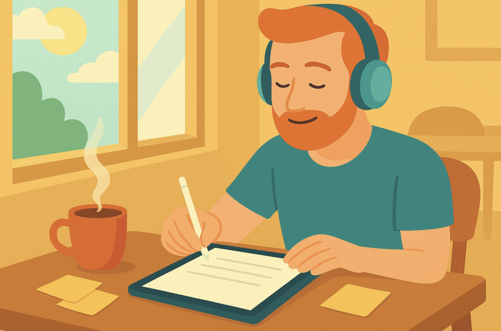 A young man writing at a desk with headphones on. 