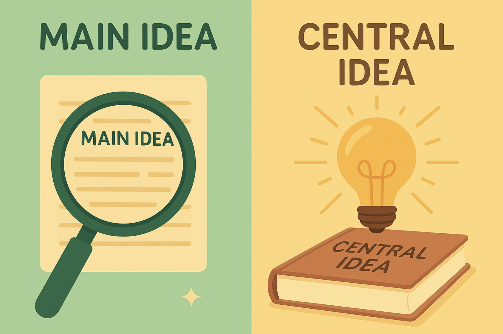 An image split down the middle. One side shows the main idea of a story. The other side shows central idea definition. 