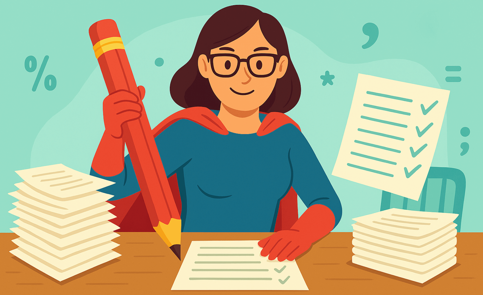 A picture of a woman editing a book. She is holding a giant pen and wearing a cape. 