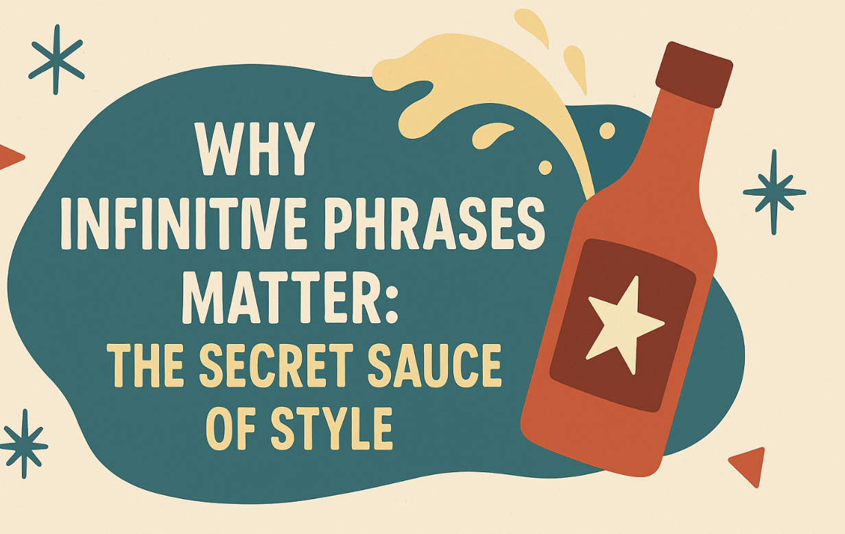 Illustration for the section “Why Infinitive Phrases Matter: The Secret Sauce of Style.” The design shows bold cream-colored text on a teal shape with a red-orange sauce bottle pouring yellow sauce, symbolizing style and flavor in writing. Abstract stars and shapes decorate the background in a playful, modern style.