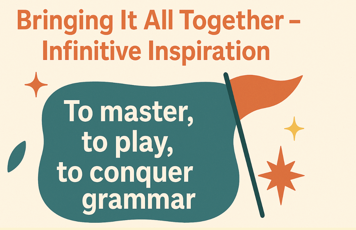 Horizontal blog banner for the section “Bringing It All Together – Infinitive Inspiration.” The design features bold orange text for the title at the top, with a teal speech-bubble shape below containing the phrase “To master, to play, to conquer grammar.” Decorative elements include an orange flag, yellow and orange star shapes, and abstract accents on a beige background.