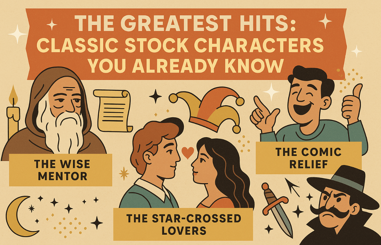 Vintage-style infographic titled ‘The Greatest Hits: Classic Stock Characters You Already Know,’ featuring illustrated icons of four archetypes: The Wise Mentor, The Star-Crossed Lovers, The Comic Relief, and The Villain Everyone Loves to Hate, with decorative flourishes like stars, scrolls, and a jester hat on a beige background.