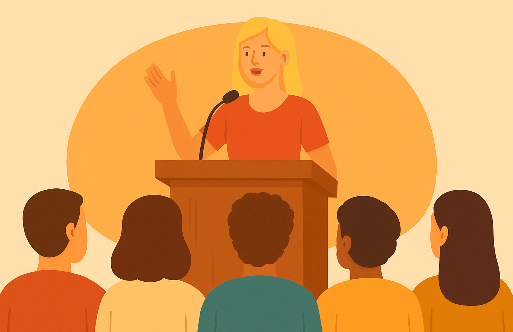 A cartoon style image. A young woman is talking to a crowd of people depicting the use of poetic devices. 