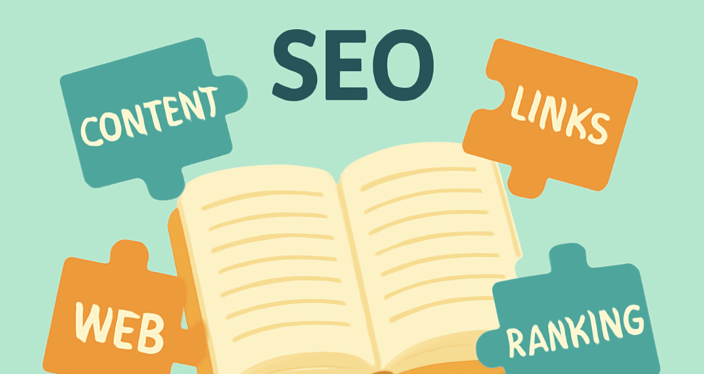 SEO keywords flying around a book. 