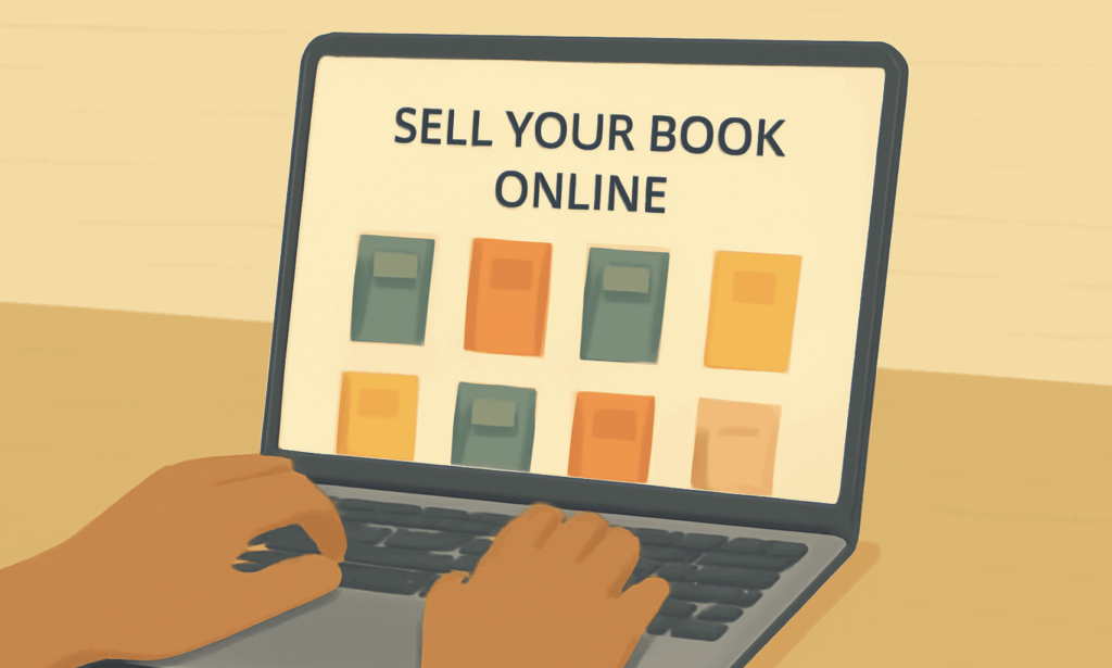 Someone typing on their laptop open on a page that reads: Sell your book online. 