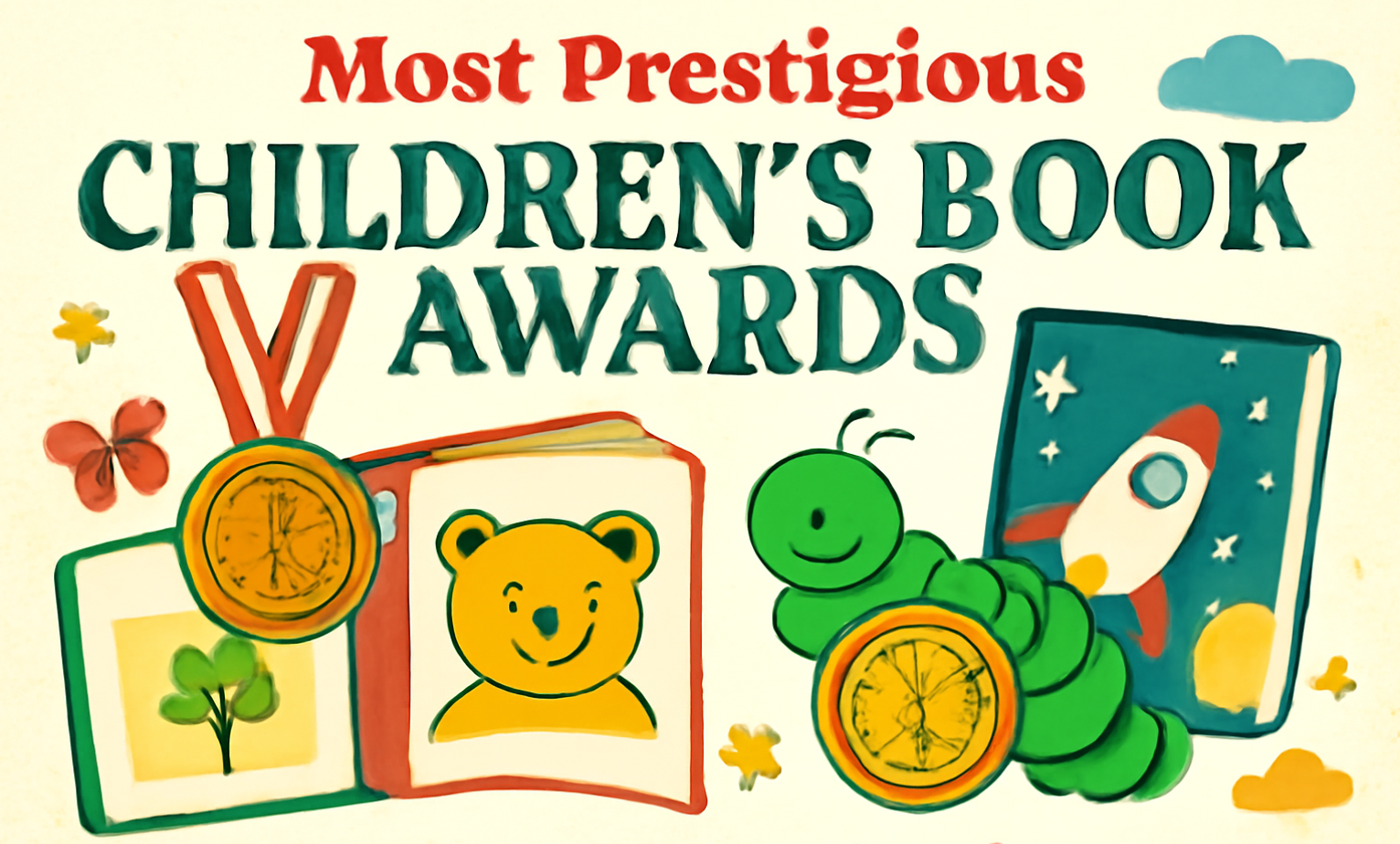 A vibrant, playful 2D digital illustration for the "Most Prestigious Children's Book Awards" section. The image features colorful book covers, a teddy bear, a cheerful caterpillar, and a rocket-themed book, surrounded by sparkling medals and decorative elements. The bold, red text at the top reads "Most Prestigious Children's Book Awards," in a bright, engaging font. The background is soft and textured in warm tones, enhancing the whimsical and inviting atmosphere.