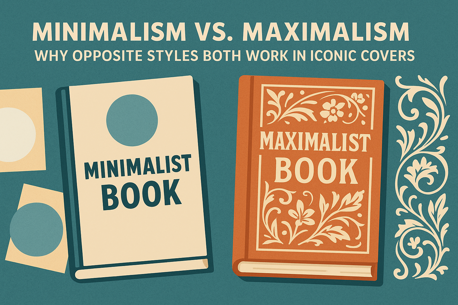 Flat-style illustration showing two contrasting book covers on a teal background: a simple cream “Minimalist Book” with basic circles on the left, and an ornate orange “Maximalist Book” with decorative floral patterns on the right, under the heading “Minimalism vs. Maximalism: Why Opposite Styles Both Work in Iconic Covers.”