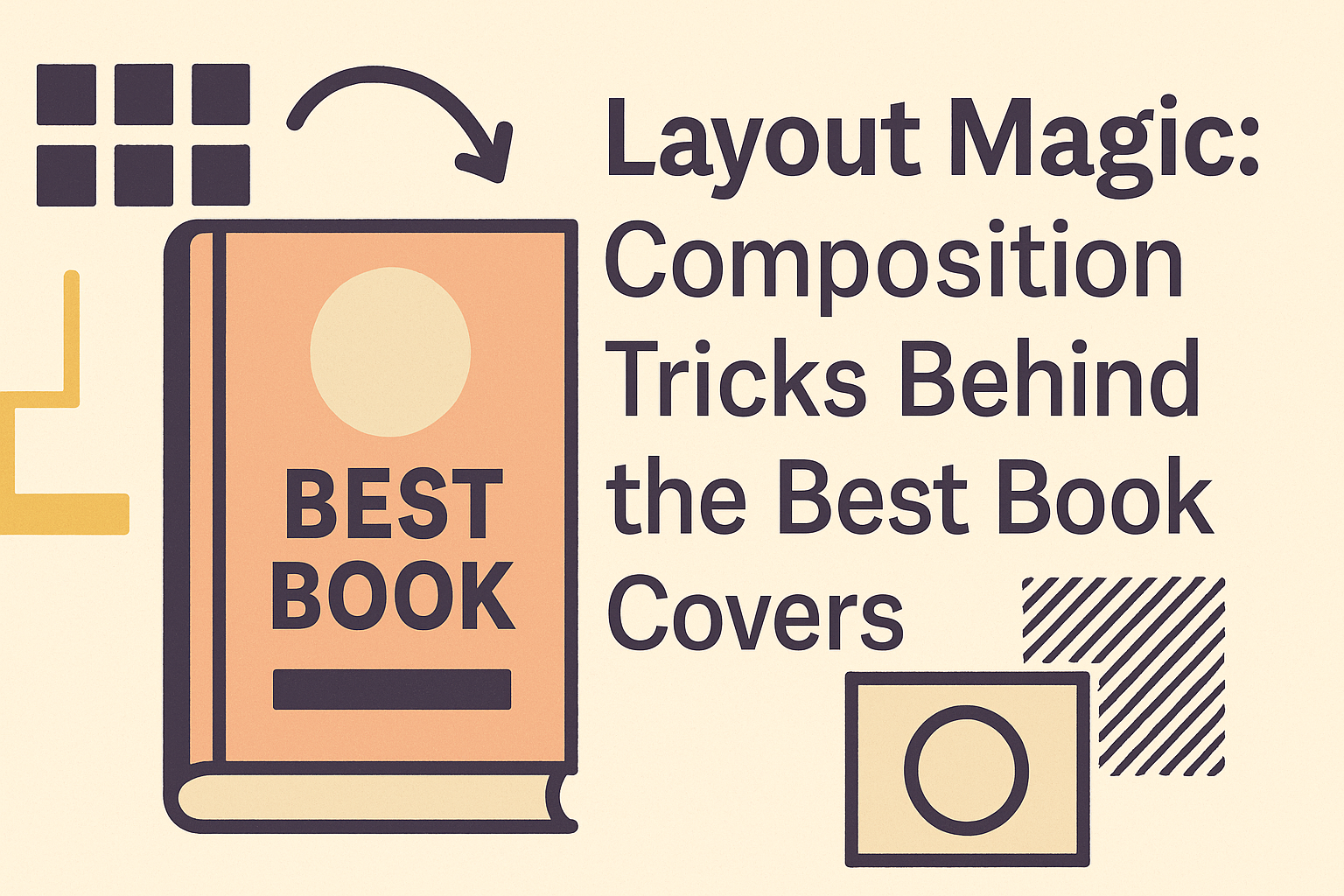 Horizontal digital illustration featuring a stylized book labeled ‘Best Book,’ geometric shapes, directional arrows, and design grids, alongside the title ‘Layout Magic: Composition Tricks Behind the Best Book Covers,’ all in a modern, minimalist palette of peach, cream, yellow, and dark purple.
