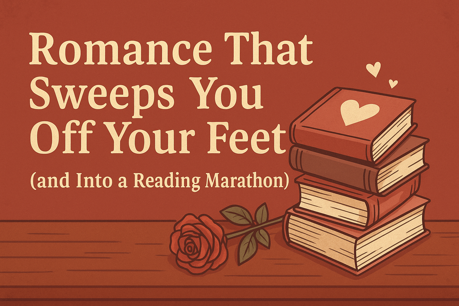 Romantic-themed banner illustration featuring the title ‘Romance That Sweeps You Off Your Feet (and Into a Reading Marathon)’ in large cream-colored text on a warm red background. On the right, a stack of red books with heart motifs is shown, with small floating hearts above. A red rose rests on a wooden surface below, creating a cozy, vintage feel.