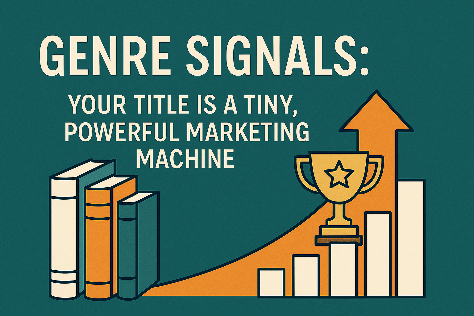 Horizontal banner illustration showing stacked books, an upward trending arrow, a trophy, and a bar graph beside the text ‘Genre Signals: Your Title Is a Tiny, Powerful Marketing Machine,’ all set against a teal background.