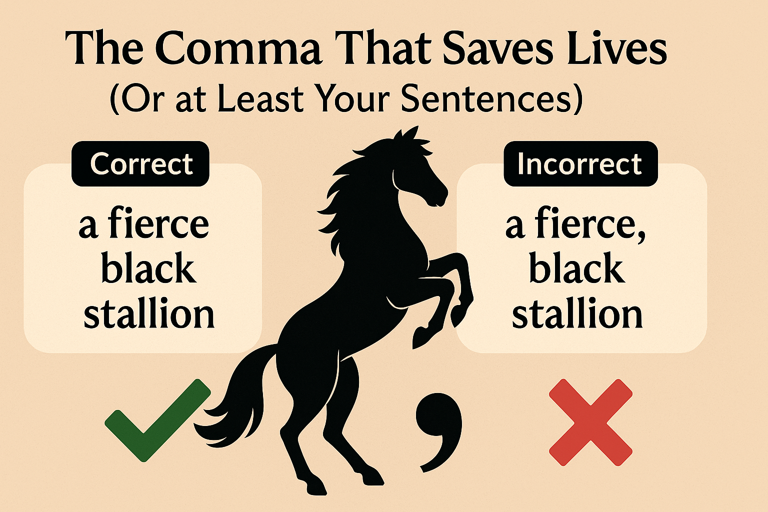 Wide educational illustration titled ‘The Comma That Saves Lives (Or at Least Your Sentences).’ In the center, a large black silhouette of a rearing stallion is shown. On the left, a box labeled ‘Correct’ displays the phrase ‘a fierce black stallion’ with a green checkmark. On the right, a box labeled ‘Incorrect’ shows the phrase ‘a fierce, black stallion’ with a red X. A large comma icon appears beneath the horse to emphasize punctuation.