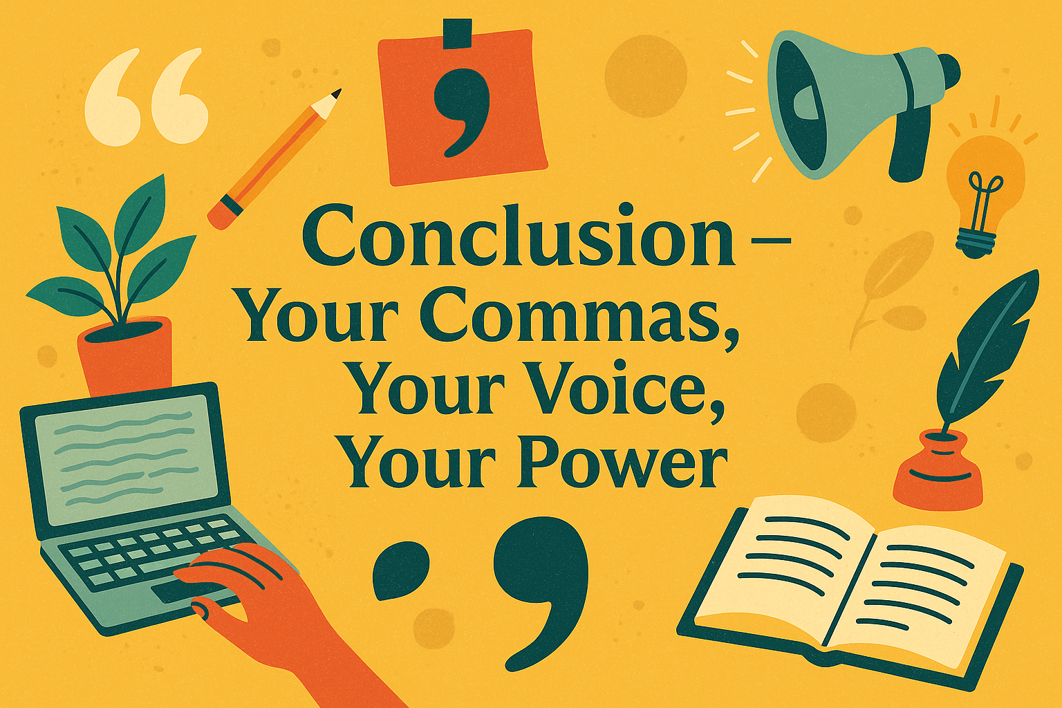 Wide illustrated banner featuring the text ‘Conclusion – Your Commas, Your Voice, Your Power’ in dark teal on a warm yellow background. Surrounding the title are creative design elements: a laptop with a hand typing, an open book, a feather quill and ink pot, quotation marks, a pencil, a megaphone, a lightbulb, a plant, and a sticky note with a large comma symbol. The composition emphasizes creativity, writing, and personal expression.