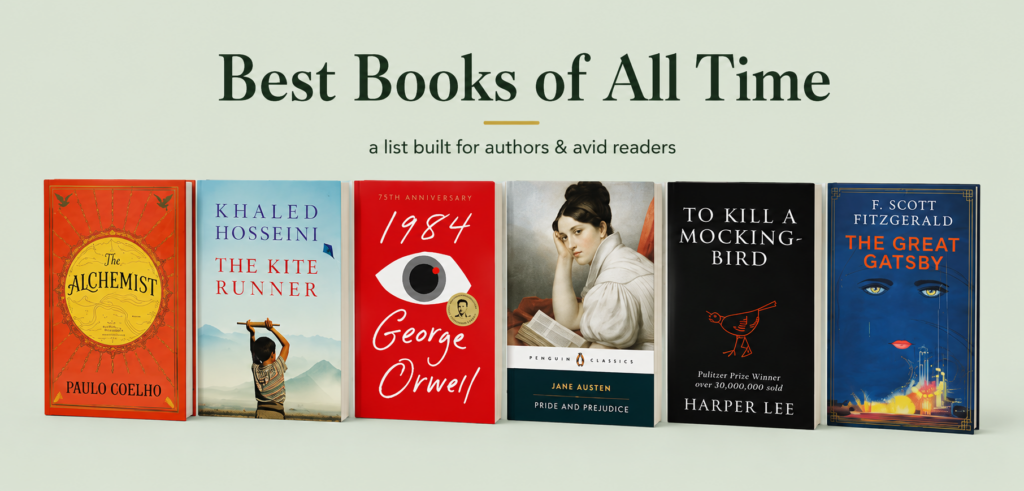 Six classic novels displayed upright beneath the heading “Best Books of All Time,” including The Alchemist, The Kite Runner, 1984, Pride and Prejudice, To Kill a Mockingbird, and The Great Gatsby.