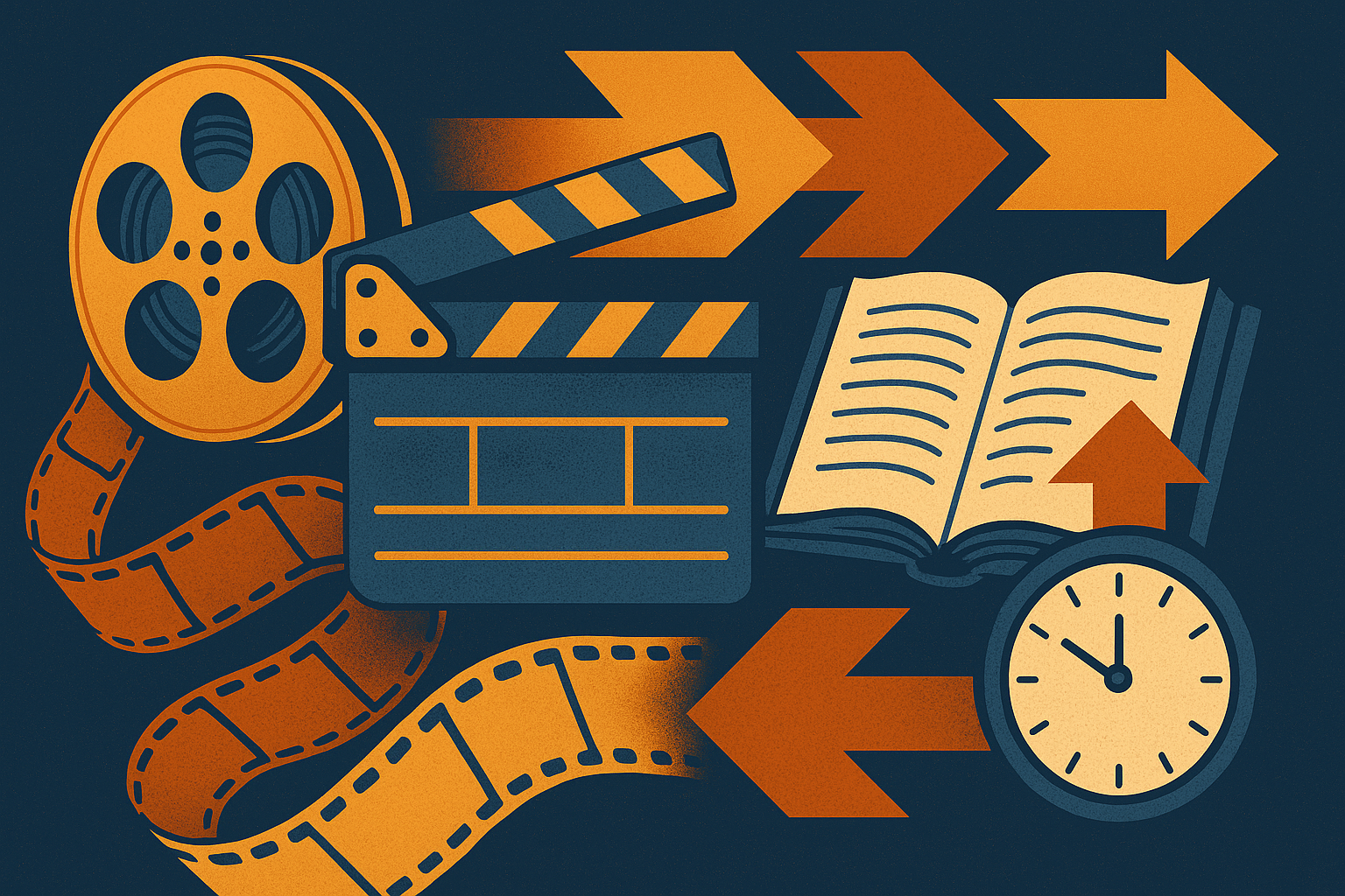 Retro-style illustration featuring a film reel, clapperboard, open book, clock, and dynamic arrows, symbolizing pacing and momentum in storytelling. Warm orange and deep blue palette, visually connecting filmmaking and writing concepts.