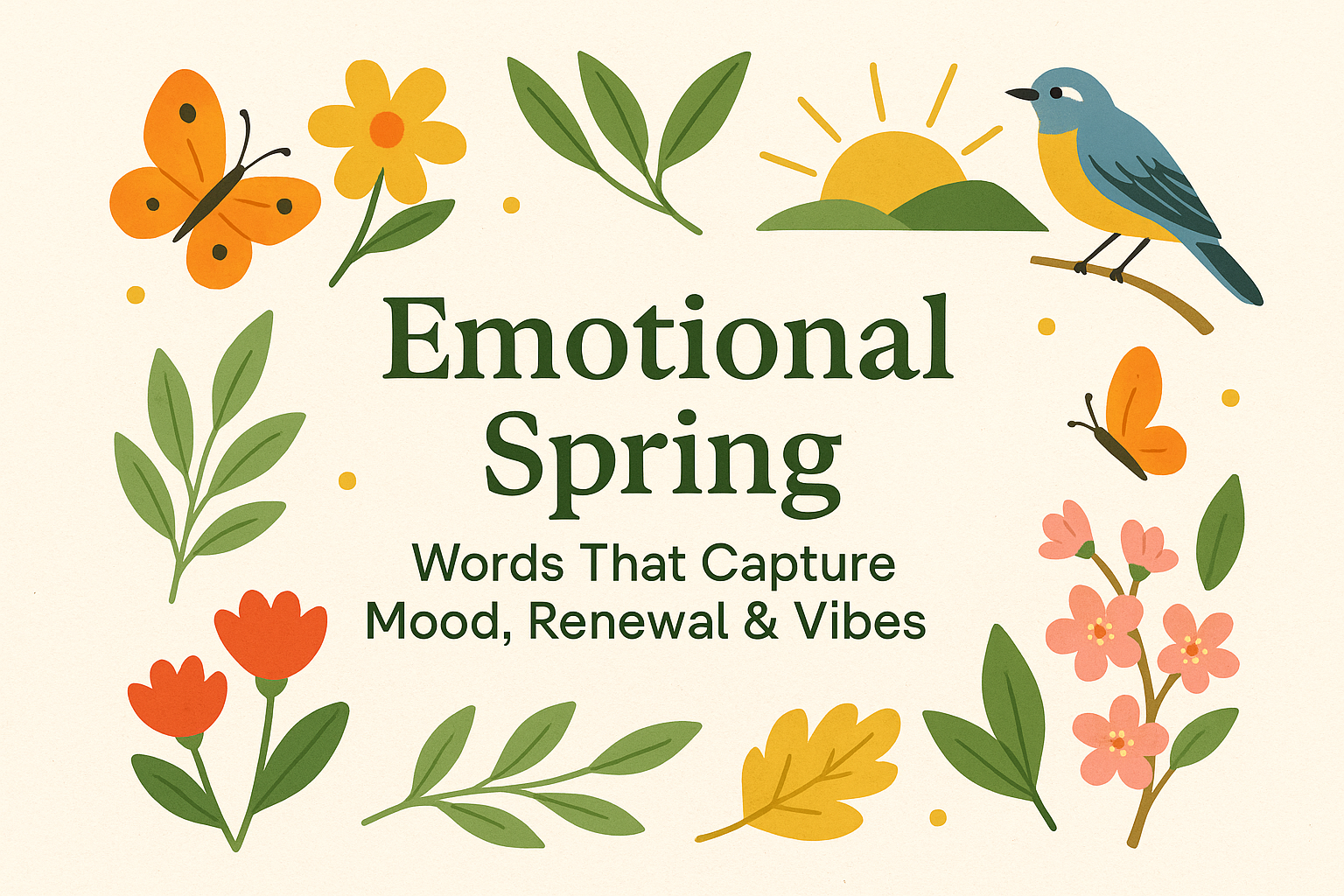 Illustrated spring graphic with the heading “Emotional Spring – Words That Capture Mood, Renewal & Vibes” surrounded by colorful flowers, green leaves, butterflies, a rising sun, and a small blue-and-yellow bird on a branch, all in a soft pastel, hand-drawn style.