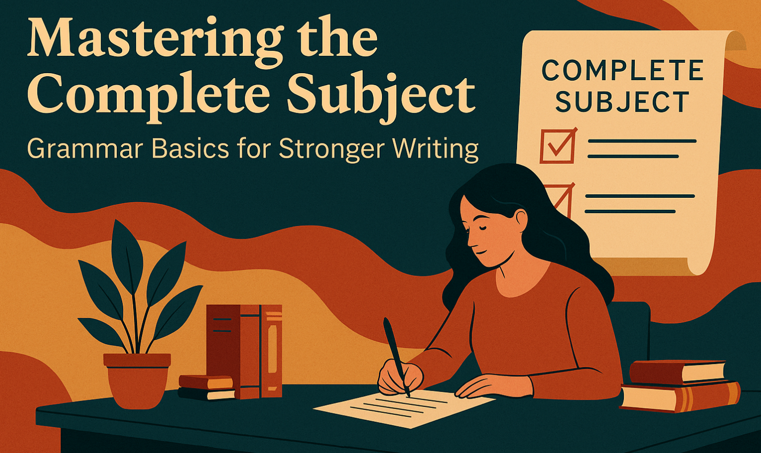 Digital illustration showing a woman writing at a desk surrounded by books, with a large checklist labeled ‘Complete Subject’ behind her. The banner displays the article title ‘Mastering the Complete Subject: Grammar Basics for Stronger Writing,’ in warm orange and teal tones, designed for the Spines blog.