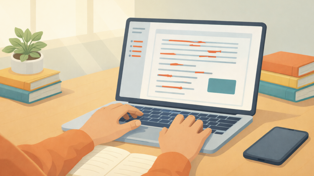 Soft, modern illustration of hands typing on a laptop at a tidy desk with books, a notebook, and a plant, representing focused work, writing, editing, and creative productivity in a calm environment.