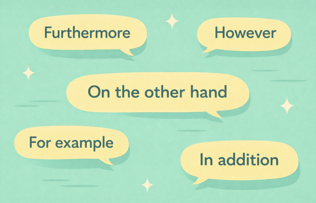 Colorful illustration featuring speech bubbles with transition phrases such as “for example,” “in addition,” and “however,” symbolizing strong writing, readability, and logical text flow.