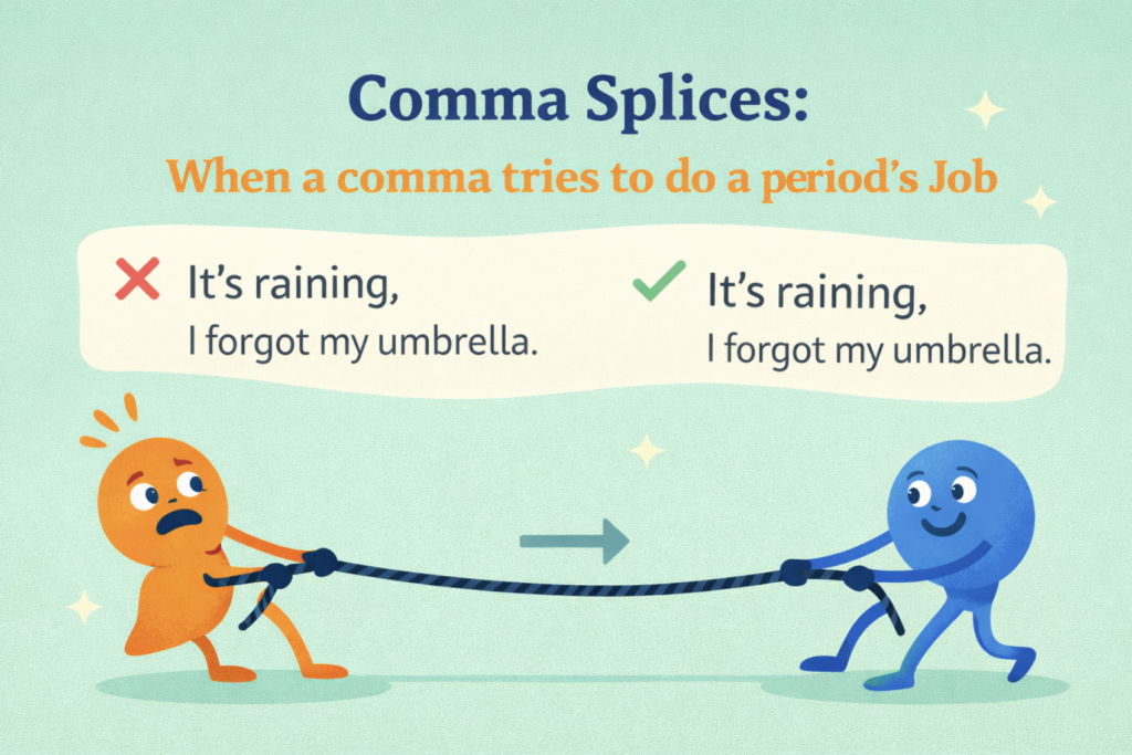 Illustrated grammar guide explaining comma splices, showing a common punctuation mistake and its correct form through a friendly visual example and simple sentence comparison.
