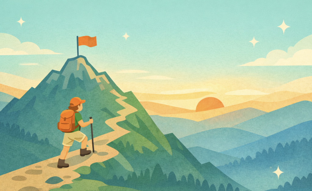 Illustration of a hiker climbing a winding mountain path toward a summit flag at sunrise, symbolizing progress, long-term goals, perseverance, and reaching meaningful milestones.