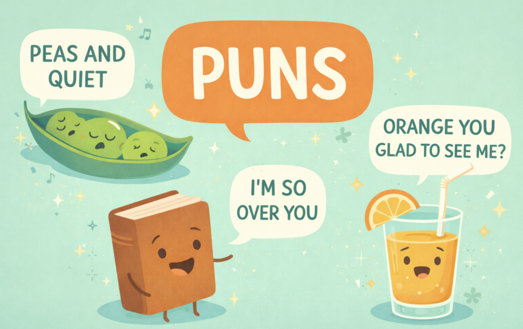 Whimsical, colorful illustration filled with charming cartoon characters and lighthearted wordplay, featuring smiling peas, a cheerful book, and a happy glass of orange juice sharing clever puns in playful speech bubbles, designed in a friendly, child-safe style that feels fun, imaginative, and full of personality.