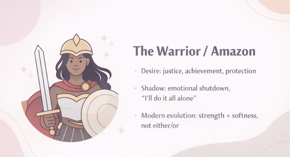 Minimal pastel illustration of The Warrior / Amazon archetype, showing a confident female warrior with a sword and shield, alongside bullet points describing her desire for justice, her “I’ll do it alone” shadow side, and her modern evolution: strength plus softness.