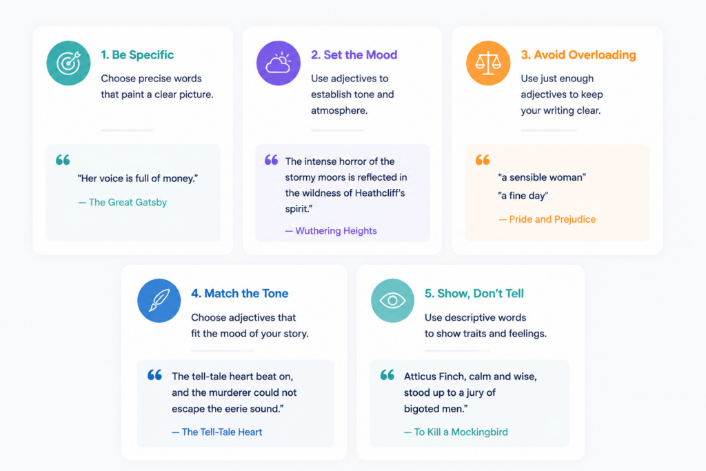 An image showing 5 tips on how to use adjectives in your writing to describe someone.