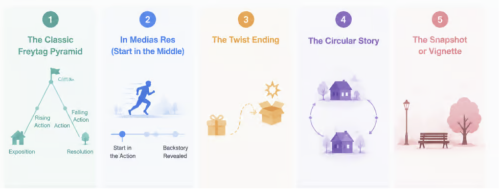 A clear image showing 5 short story structures.