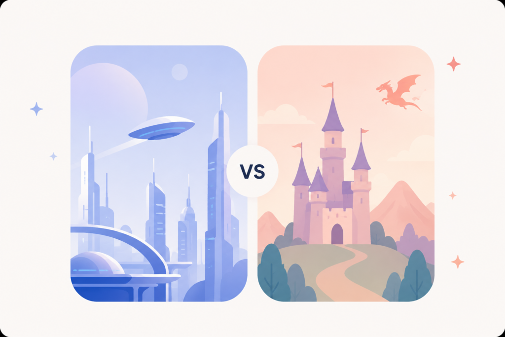 A side-by-side image of sci fi vs fantasy, flat lay display.