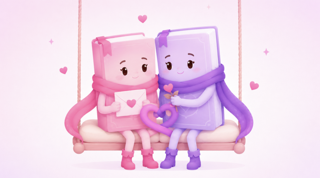 Discover unique words to describe love. Two cartoon books sit next to each other, looking at each other lovingly.