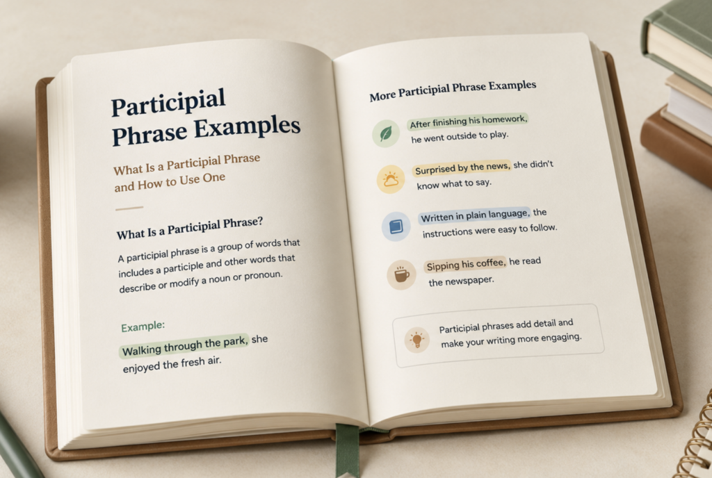 Participial phrase examples shown in an open grammar book explaining what a participial phrase is and how to use participial phrases in writing.