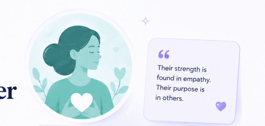 Young woman stood next to a statement about being a caregiver archetype.