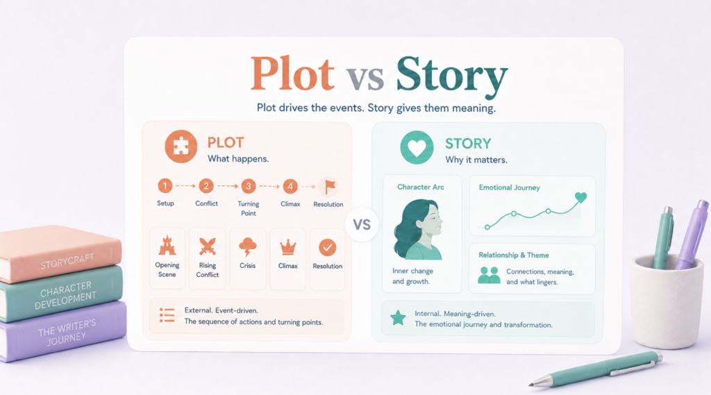 Infographic comparing Plot vs Story in writing, showing plot steps and story’s emotional journey.