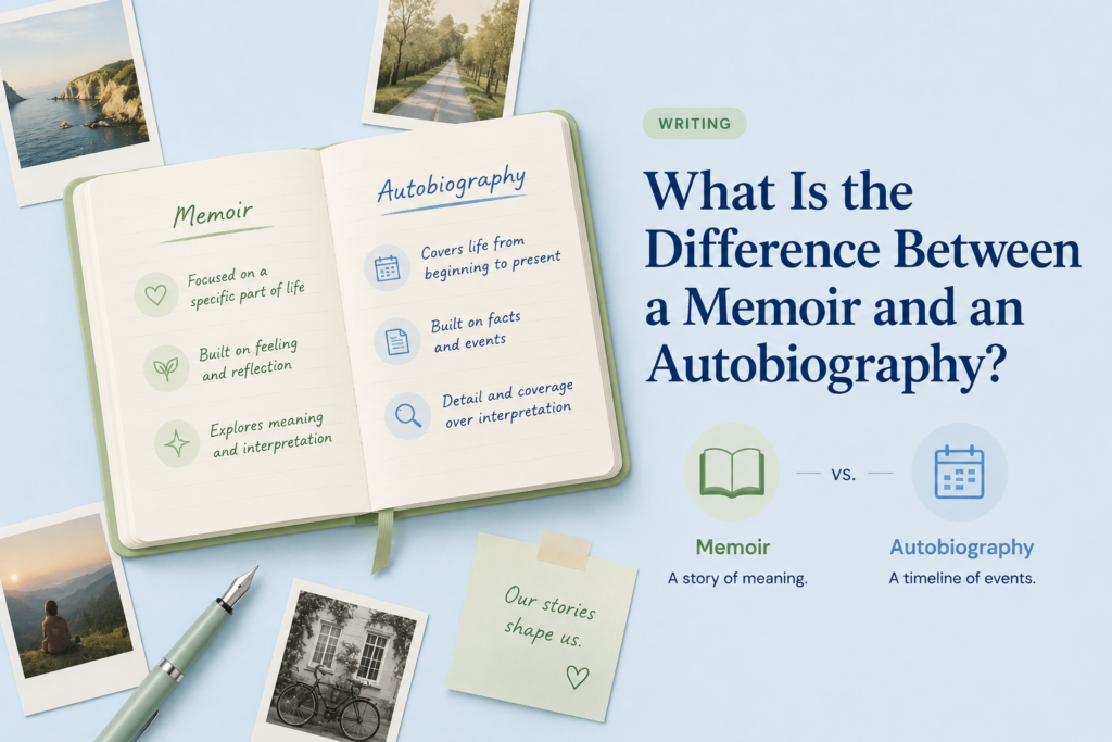 Illustrated comparison of a memoir and an autobiography, showing that memoirs focus on meaningful life experiences and personal reflection, while autobiographies cover a person’s life chronologically from beginning to present.