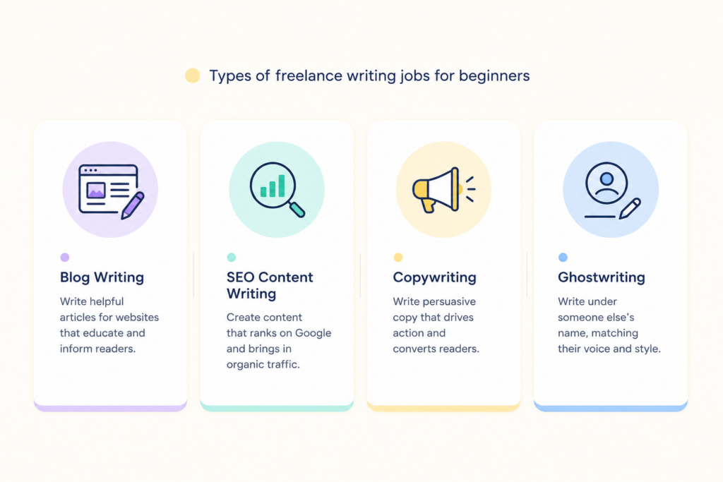 Infographic titled “Types of freelance writing jobs for beginners,” featuring four clean SaaS-style cards for blog writing, SEO content writing, copywriting, and ghostwriting, each with a simple pastel icon and brief description.
